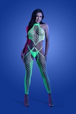 Fantasy Lingerie Glow High Voltage UV Halter Cutout Bodystocking Set Green O/S