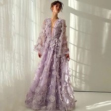 Lilac Evening Dress Customized Long Sleeves V Neck Flower Lace A Line Birthday