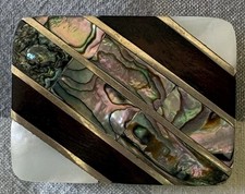 Vintage Abalone Shell, Mother Of Pearl, Exotic Wood Inlay Belt Buckle