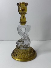 Cambridge Glass Candlestick Dolphin Koi #109 Mt Vernon Amber/Clear/Uranium 9.5