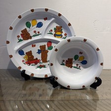 Vintage Children's Melamine Dish Set Bowl Plate Bears color block 90s divided