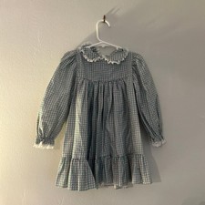 Vintage Bryan Girls Green and Pink Plaid Long Sleeve Dress with Lace Peter Pan C