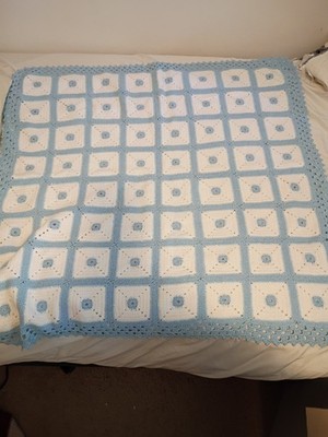 Lt. Blue & White Geometric Patchwork Crochet Square Lap Throw/Baby Afgan 38 X 38