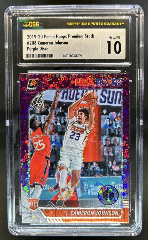 2019-20 Hoops Premium Stock Cameron Johnson RC Prizm Purple Disco #208 CSG 10