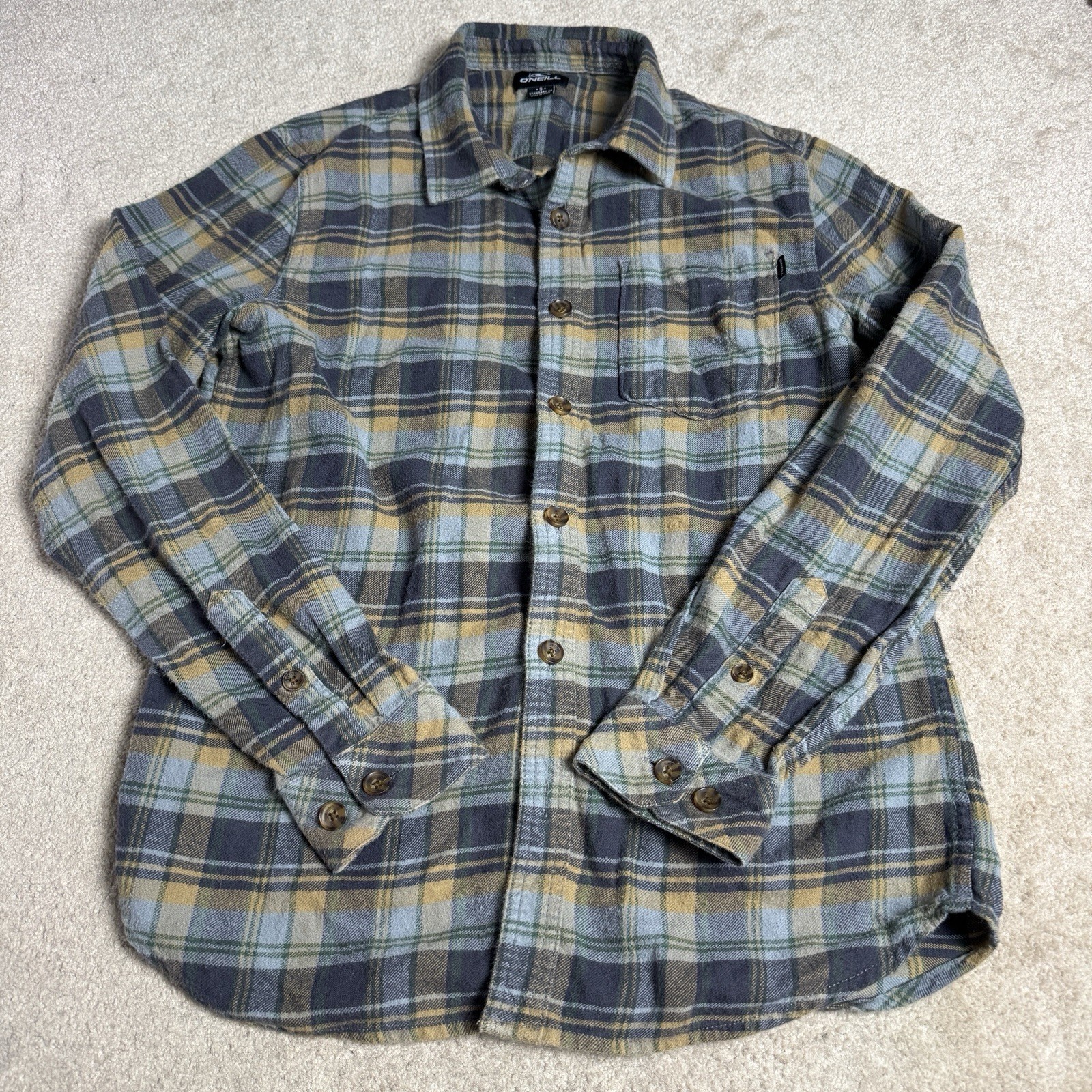 O'Neill Mens Flannel Button-Up Shirt Blue Green Plaid Small Long Sleeve