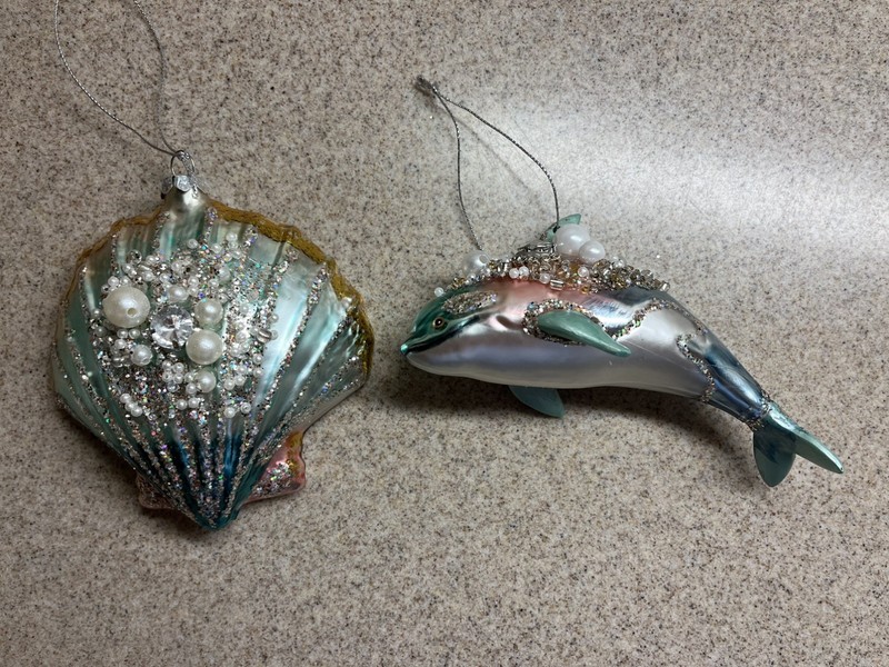Dolphin & Sea Shell Christmas Ornament Blue Glass Nautical Ocean Seaside Jeweled