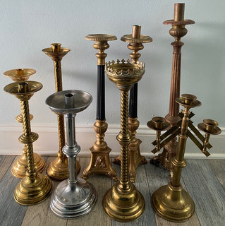 LOT OF 9 VINTAGE CATHOLIC CHURCH ALTAR CANDLE STICKS & CANDELABRA