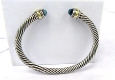 David Yurman Sterling Silver and 14k Gold Blue Topaz 5mm Cuff Bracelet 6.5"