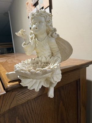 Large Cream Angel Bird Feeder/Bird Bath Sits On Edge Of Table Or Ledge.
