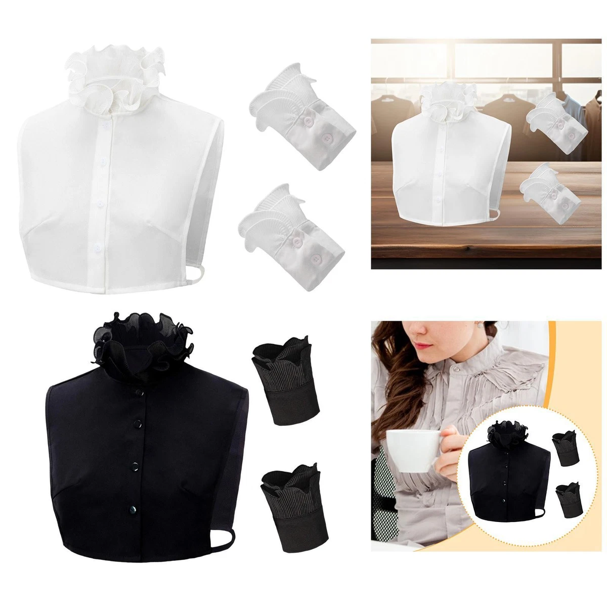 2 Colli Finti Staccabili Con Strass - Design Classico Mezza Camicia Elegante Per Donna (Bianco E Nero - Taglia Unica 14-20)