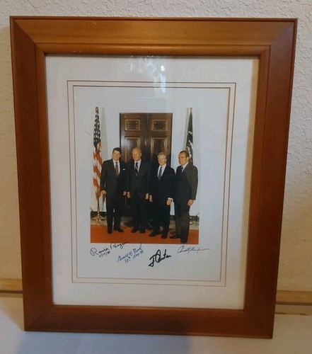 FOUR PRESIDENTS REAGAN FORD CARTER NIXON AUTOGRAPHED Color 11 X 8 FRAMED PHOTO