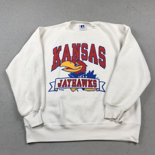 VINTAGE Kansas Jayhawks Sweatshirt Mens Large White Russell Athletic Crewneck - 第 1/9 張圖片