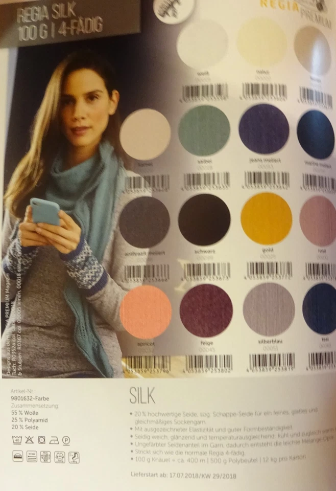 155 €/1 kg Regia Silk Premium 4-fädig Sockenwolle 100 g 20% hochwertige Seide - Bild 2 von 2