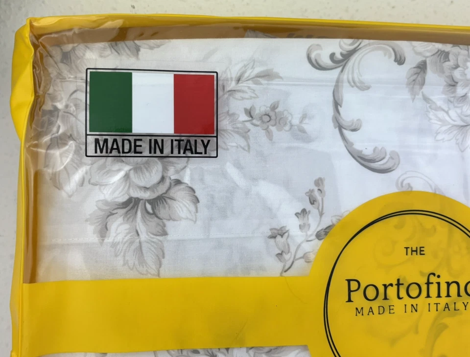 PORTOFINO Italy QUEEN Sheet Set Floral Flowers White Grey - Image 3 of 4