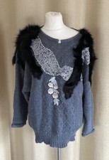 MADELEINE Vintage Oversize Pullover grau mit echt Pelz Grösse XL 40/42/44/46