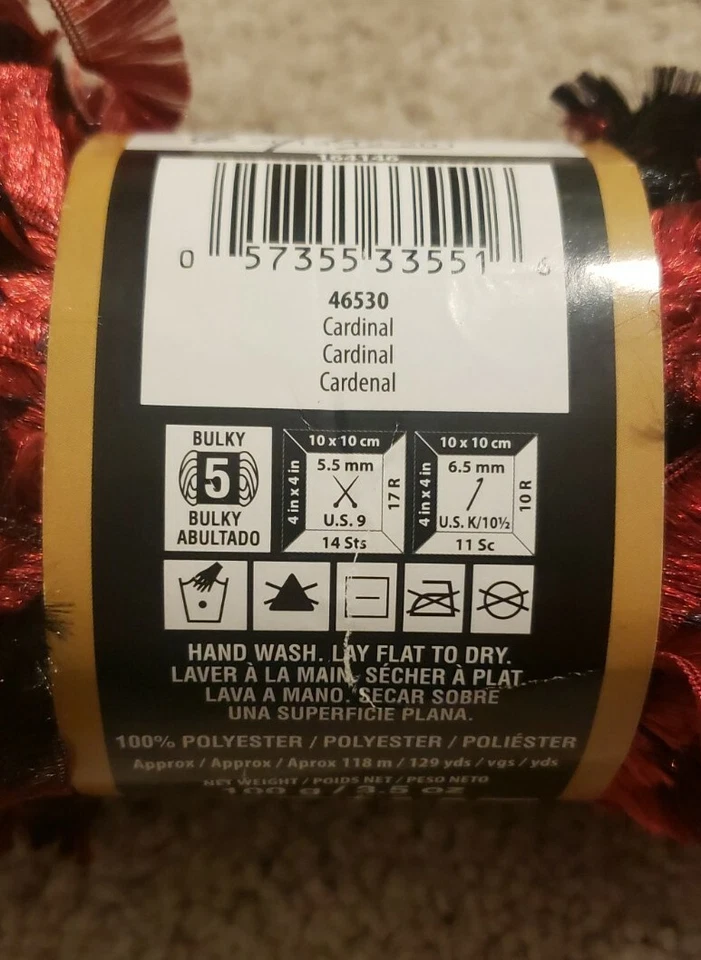 Bernat Boa Yarn 100% Polyester Cardinal #46530 Red Black Feather Eyelash  - Image 3 of 4