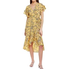 Max Studio NWT Yellow Crepe High Low Floral Midi Wrap Dress Size M