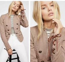 NEW Free People Jagger Blazer Western Military Jacket Pockets Lace Up Cuff Beige