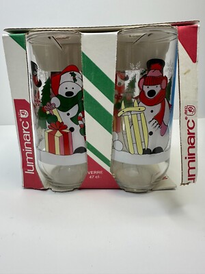 Luminarc Snowman Christmas Set of 4 Glasses 16 oz Tumblers Vintage New in Box