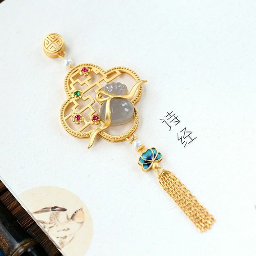 Chinesischer Stil Vintage Schlüsselbein Halskette lila Jade Kürbis Palast Stil Anhänger - Bild 3 von 11