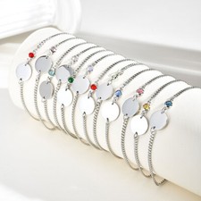 Personalised Birthstone Bracelet Crude Chain for Women Engraved Round Plate