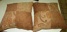Pair of Brown Gold Flower Patchwork Print Decorative Throw Pillows  17 x 17