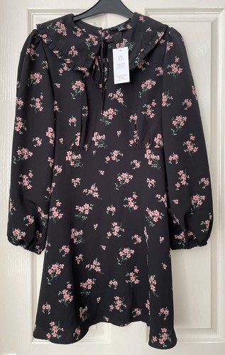 New Look Petite Betty Black Floral Collared Long Sleeve Dress Size 12 - BNWT
