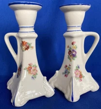 Candlestick Holders 6" Pair Floral Ceramic Cottage Farm Czechoslovakia Vintage