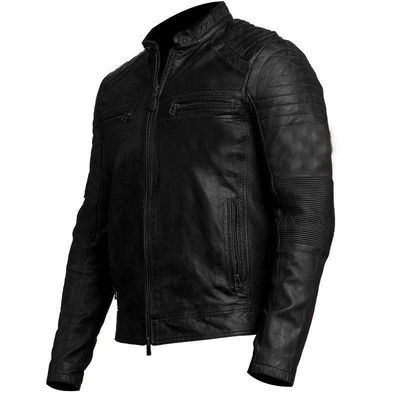 Mens Biker Quilted Vintage Motorcycle Distressed Black Cafe Racer