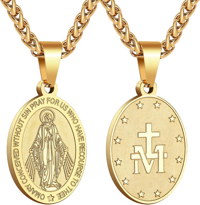 Collar de la Virgen Maria Para Hombres Medalla Milagrosa Acero Inoxidable Nueva