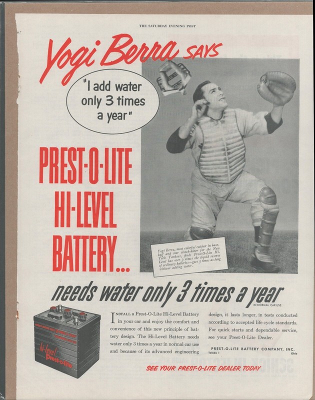 1951 PRESTO-O-LITE BATTERY Yogi Berra Original Vintage B/W Promo Ad