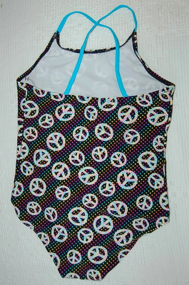 Girls 1 Pc Swimsuit BLACK Turqouise White PEACE SIGNS Polka Dot L 10-12 XL 14-16 - Image 2 of 2
