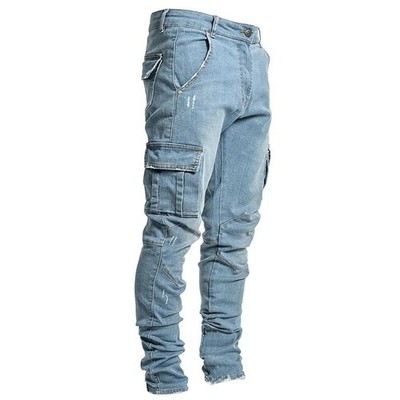 Straße Elastische Jeans Männer Denim Cargo Hosen Waschen Einfarbig Multi Taschen
