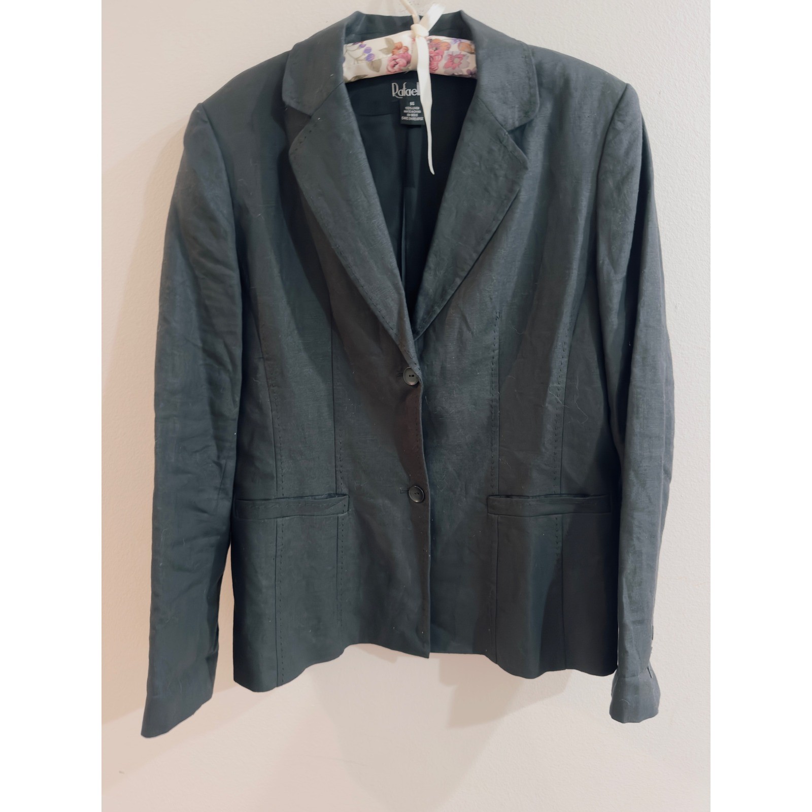 Rafaella Black 100% Linen Blazer Two Button Pick Stitch Jacket Womens Size 14
