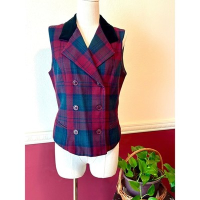 Vintage Summit Hill Plaid Vest Burgundy Navy Green Velvet Collar Menswear Style