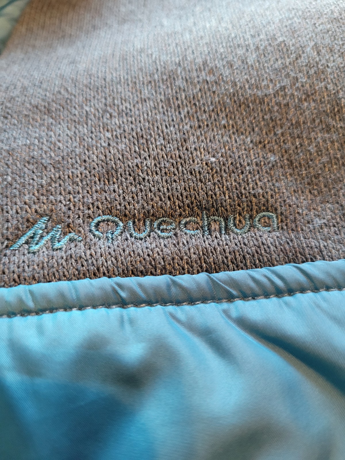 Quechua Men's NH500 Hybrid Hiking Pullover in gray and turquoise.   Large EUC image 2