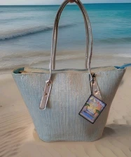 Sun N Sand Large Tote Bag Blue/White Striped With Metallic Treads Zip Closure 