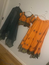 Women Choli Set Orange Green Gold Embroidered Mirror Work Traditional Indian