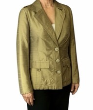 Chico s 100 Silk Minimalist Jacket Metallic Gold Size 1 Medium Buttons Pockets
