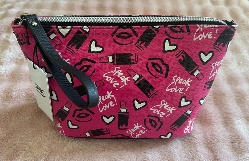 Izak Zenou Speak Love! Pink Cosmetic Makeup Bag Zip Dome Pouch Case
