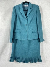 Le Suit 2PC Skirt Suit Women’s 10 Teal Blazer Buttons Long Sleeves Pleated Hem