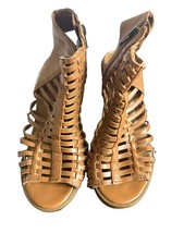 Women's Brown Strappy Block Heel Sandals Zip Closure Zipper Accent Synthetic 6