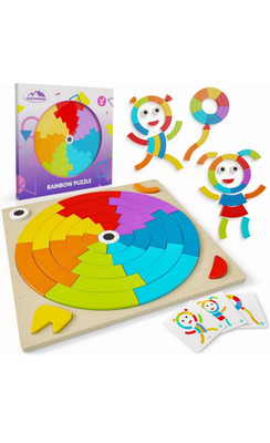 Toddler Wooden Learning Puzzle - Montessori Toys   Rainbow Pattern Blocks Board