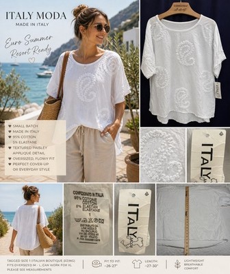 NWT Italy Moda Made In Italy White Cotton Top Euro Summer Resort Lagenlook M/L