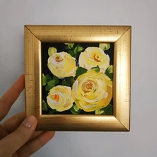 Yellow Rose Painting Original Art Impasto Oil Painting 3D Art 4x4