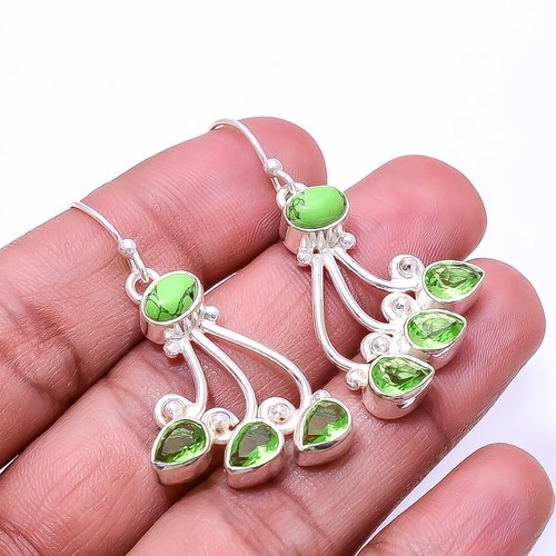 Green Amethyst, Green Turquoise Multi Collet 925 Sterling Silver Earring 1.68" E