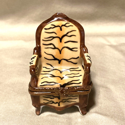 LIMOGE FRANCE PEINT A LA MAIN JBL TIGER ANIMAL PRINT CHAIR TRINKET BOX