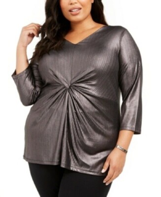 Alfani Women's 0X Plus Size Blouse 3/4 Sleeve Metallic Twist-Front Top, $76, NwT