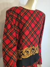 VTG Leslie Fay Dress Women's Size 12 Red Black Plaid Tartan Long Sleeve