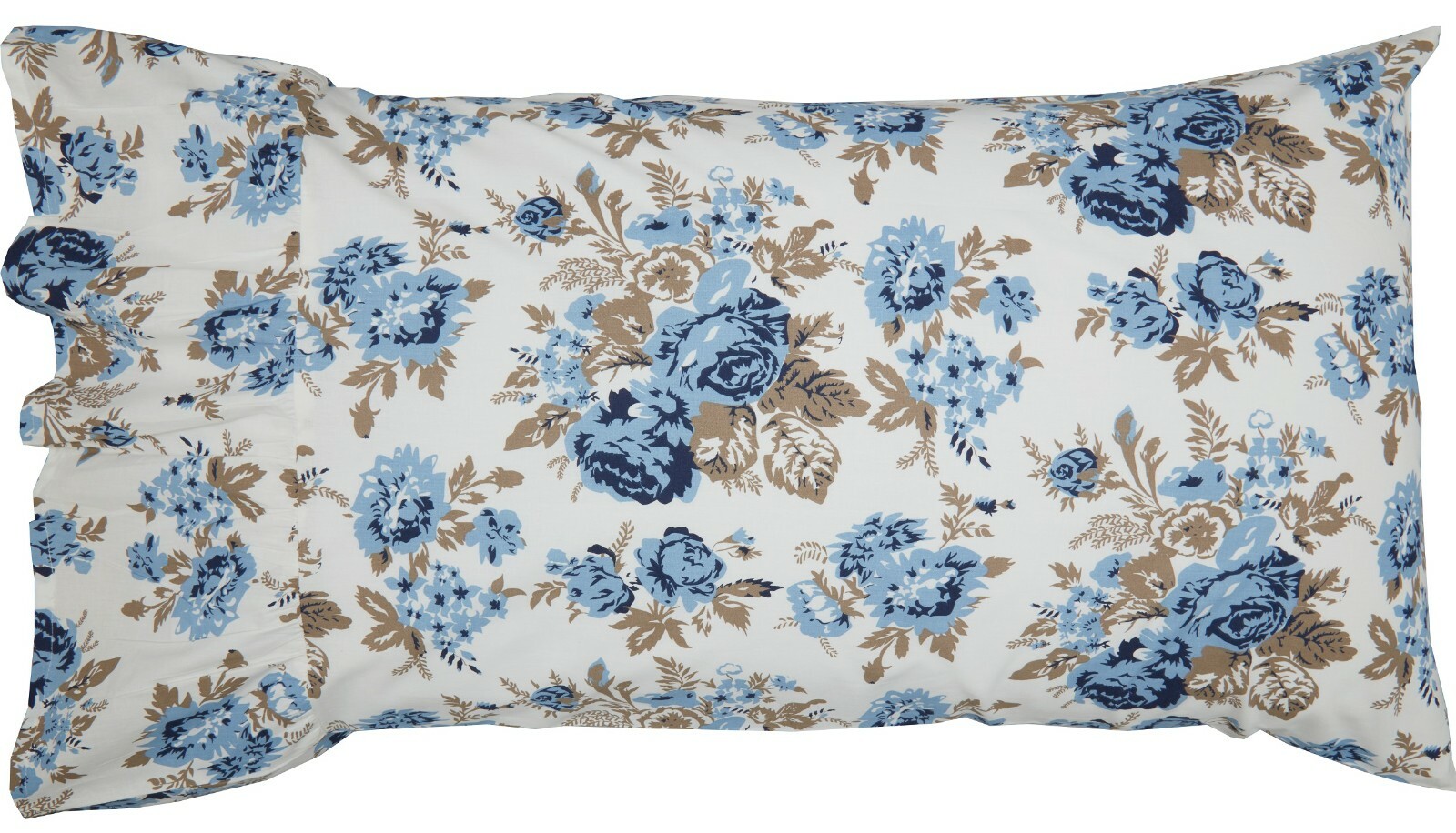 Blue Floral Pillowcase Set Oversize Ruffles 100% Cotton with White & Brown Annie